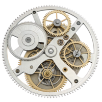 Intricate clockwork mechanism featuring detailed gears and cogs, showcasing beauty of engineering and design. combination of silver and gold tones adds elegance to this mechanical art png