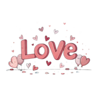 Love is expressed through playful, cartoon like letters surrounded by hearts and balloons, creating cheerful and romantic atmosphere png