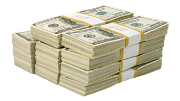 large stack of bundled cash featuring visible dollar bills, symbolizing wealth and financial success. neatly arranged stacks create impressive display of currency png