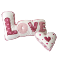 plush pillow designed with word LOVE in pink and white, featuring heart patterns, perfect for home decor and expressing affection png