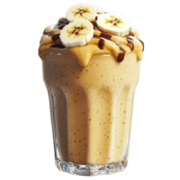 Creamy banana smoothie with chocolate topping in a glass. png