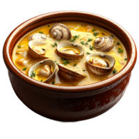 Creamy clam chowder in a rustic bowl, garnished with fresh herbs. png