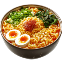 Spicy ramen noodles with egg and vegetables in a bowl. png