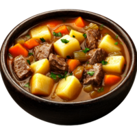 Hearty beef stew in a rustic bowl with potatoes and carrots. png