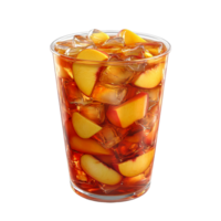 Iced tea with peach slices and ice cubes in a glass. png
