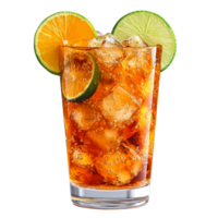 Iced tea with lime and orange slices in a tall glass. png
