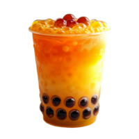 Refreshing orange and brown bubble tea in a clear cup with tapioca pearls. png