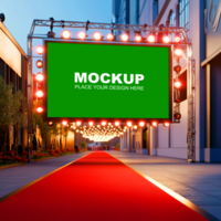 Mockup of a red carpet with a green billboard on it psd