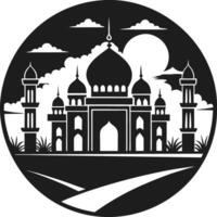 Islamic Mosque Silhouette with Crescent Moon and Scenic Background - Elegant Illustration vector