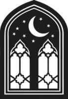 Intricate Islamic Pattern Window Silhouette with Crescent Moon and Stars - Illustration vector