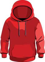 Red hoodie sweatshirt with drawstrings and kangaroo pocket featuring large hood vector