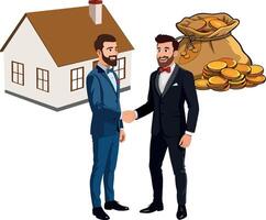 Two men shaking hands in front of a house with a bag of money vector