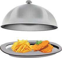 A plate with chicken and fries on it vector