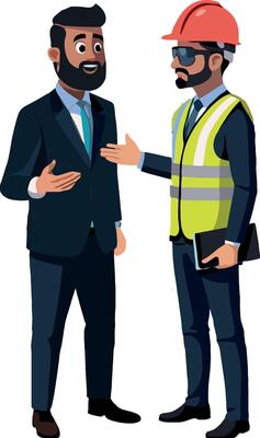 Two men in hard hats talking to each other