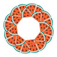 Triangular Watermelon slices with seed. Circle Frame watermelons pieces. Summer Copy space Template. Isolated illustration Thematic cards, posting or web promo banner, print material, price tag vector