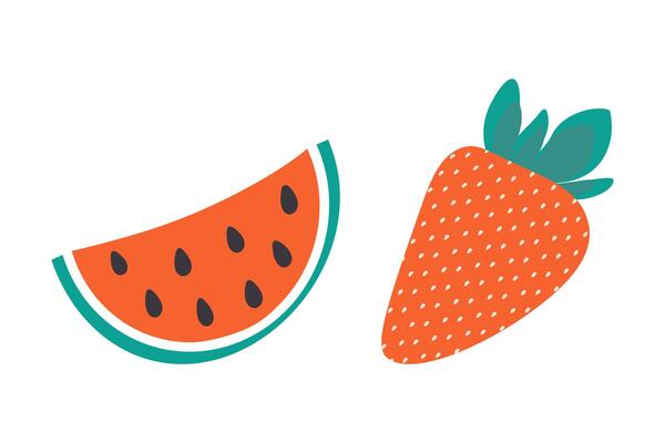 Watermelon slice and whole strawberry Ripe summertime berries. Healthy eating cards design elements. Isolated illustration Thematic or menu cards, leaflets, greetings, label or web promo banner