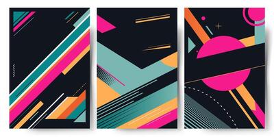 Set of modern abstract backgrounds with place for text. Dark background and bright figures. Geometrical shapes vector