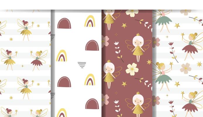 Set of fairytale children's backgrounds with fairies, stars, flowers. Cute cartoon pattern with gold glitter