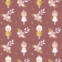 Seamless pattern cute fairies and flowers. Fairy tale springtime background in pastel colors. Cartoon patterns. vector