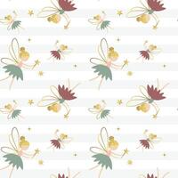 Seamless pattern with cute fairies and shining golden stars. Gentle childish background vector