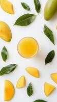 Fresh mango juice surrounded by mango slices and green leaves on a white background photo