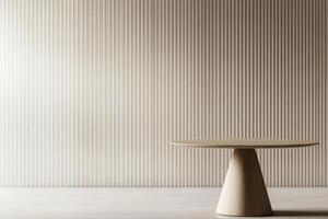 Stylish minimalist table against textured white wall in contemporary interior design photo