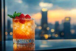 Colorful fruit beverage sits on a table as evening city lights create a beautiful backdrop photo