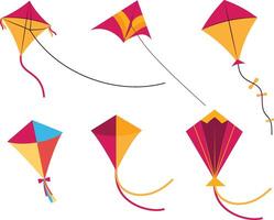 Set of 6 Colorful Decorative Kites, Collection of 6 kites perfect for adding a playful touch to any design project. Ideal for graphic designers looking to incorporate dynamic and colorful elements vector