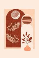 Abstract Earth-Tone Illustration with Palms, Sun Shapes, and Vase Design Elements. Minimalist abstract artwork featuring earthy tones and geometric shapes, evoking a calm and sophisticated aesthetic. vector