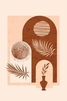 Abstract Earth-Tone Illustration with Palms, Sun Shapes, and Vase Design Elements. Minimalist abstract artwork featuring earthy tones and geometric shapes, evoking a calm and sophisticated aesthetic. vector