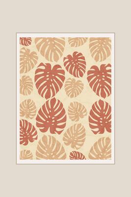 Vintage Tropical Monstera Leaf Pattern in Warm Earthy Tones. Illustration featuring a seamless pattern of Monstera leaves with a retro-inspired design, presented in warm beige and terracotta tones.