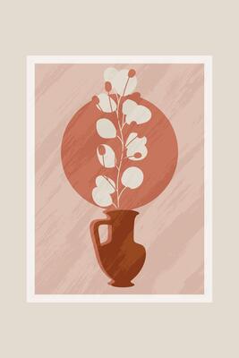 Minimalistic Art with Vase and Leaf Branch on Textured Background. Perfect for interior decor or creative projects with a contemporary aesthetic.