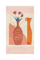 Stylized abstract artwork of flower-filled vases in pastel and warm tones, creating a calm, artistic mood inspiring tranquility and creativity. vector