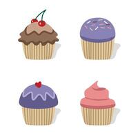 A collection of cupcakes with different colored toppings. Set of muffin. Dessert food. Berry muffin. Chocolate muffin. vector