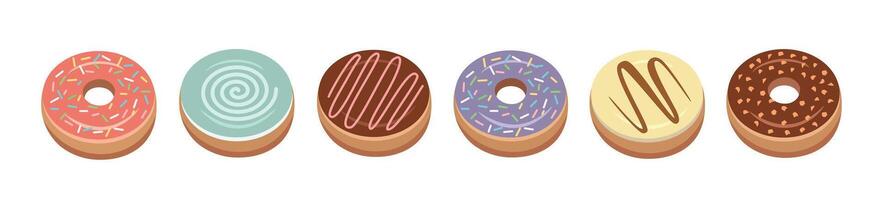 Donuts in different flavor. Colorful donuts. Set of soft donuts. Bakery. Dessert food. vector