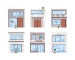 Store building illustration. Minimarket building. Caffe building. Beauty salon. Building architecture. vector