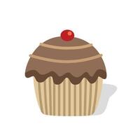 Chocolate cupcake with cherry on top. Chocolate muffin. Bakery. Soft cake. Dessert food. vector