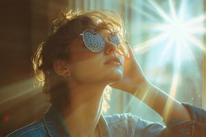 Sunlight creates a beautiful halo effect around a woman in sunglasses in a city setting photo
