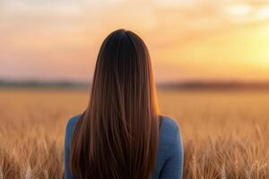 Woman admiring sunset over wheat field during serene evening in golden hour photo