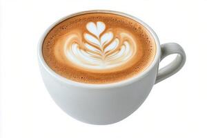 Creamy coffee with heart shaped latte art served in a white cup on a light surface photo