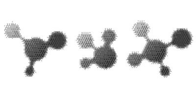 Pixel pattern molecule shapes. Textured cosmic elements with bitmap Y2k dither gradient. Retro icon with old computer game graphic effect. Halftone grunge illustration vector