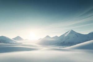 Winter landscape with snow covered mountains and bright sunlight during early morning hours photo