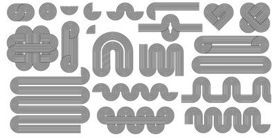 Abstract shapes with line pattern. Retro arch and geometric waves on white background. Organic graphic elements and curved modern figures. Simple minimalistic aesthetic stripes vector