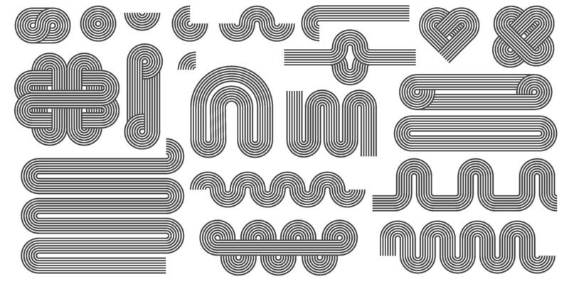 Abstract shapes with line pattern. Retro arch and geometric waves on white background. Organic graphic elements and curved modern figures. Simple minimalistic aesthetic stripes