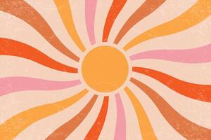 Retro sun background with radial swirl rays. Textured 70s abstract pattern. Vintage summer poster with concentric stripes of beams. Creamy pink and orange hippy wallpaper vector