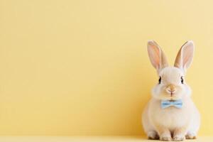 Cute white rabbit with blue bow tie sitting on yellow background photo
