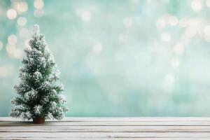 Charming decorated Christmas tree with warm lights on wooden table against a soft background photo