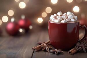 Warm winter drink with marshmallows and festive decorations in cozy setting photo