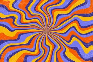 Retro background with spiral bright sunburst. Swirl textured radial pattern with rays. Vintage abstract wavy purple and orange striped vortex. 70s funky psychedelic disco bg. vector