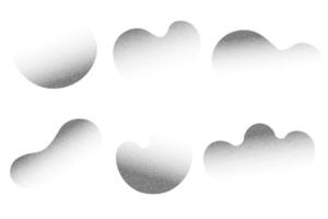 Grainy dotted shapes on white background. Noisy halftone abstract shadows on liquid elements. stipple blobs and spray spots. Grunge sand wavy fluid gradation vector